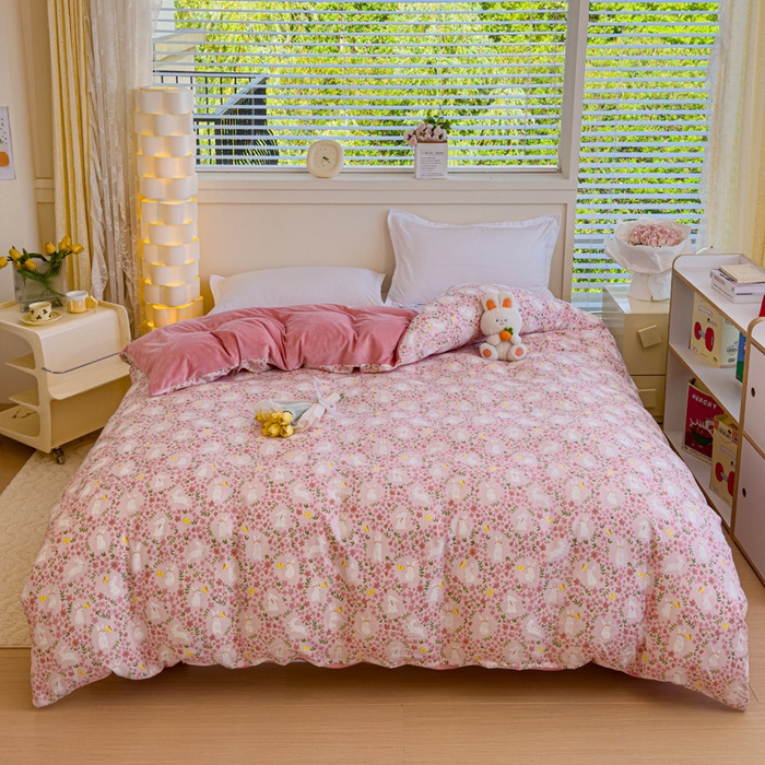 91家纺网 家纺一手货源 找家纺 清雅福 2024新款小清新ins棉加绒印花四件套系列-棉绒风格一 棉绒恋语