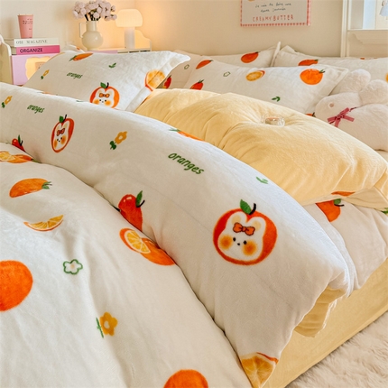 名兮 2024新款卡通时尚风高克重牛奶绒四件套 小橘子