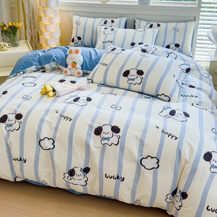 91家纺网 家纺一手货源 找家纺 清雅福 2024新款小清新ins棉加绒印花四件套系列-棉绒风格一 棉绒条纹狗狗