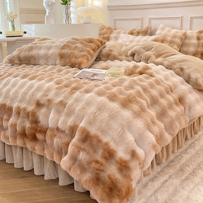 91家纺网 家纺一手货源 找家纺 欧冠家纺 2024秋冬新款纯色泡泡绒和七彩泡泡床裙款四件套 七彩-奶咖色