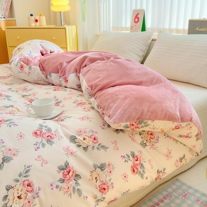 91家纺网 家纺一手货源 找家纺 清雅福 2024新款小清新ins棉加绒印花四件套系列-棉绒风格二 肉桂乌龙