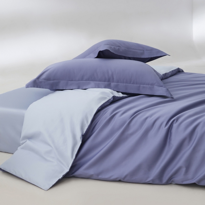 91家纺网 家纺一手货源 找家纺 轩和家居 2024新款简约纯色50s长绒棉贡缎四件套 海茵蓝+碧落蓝