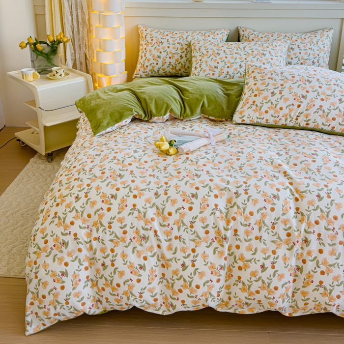 91家纺网 家纺一手货源 找家纺 清雅福 2024新款小清新ins棉加绒印花四件套系列-棉绒风格一 棉绒花千朵