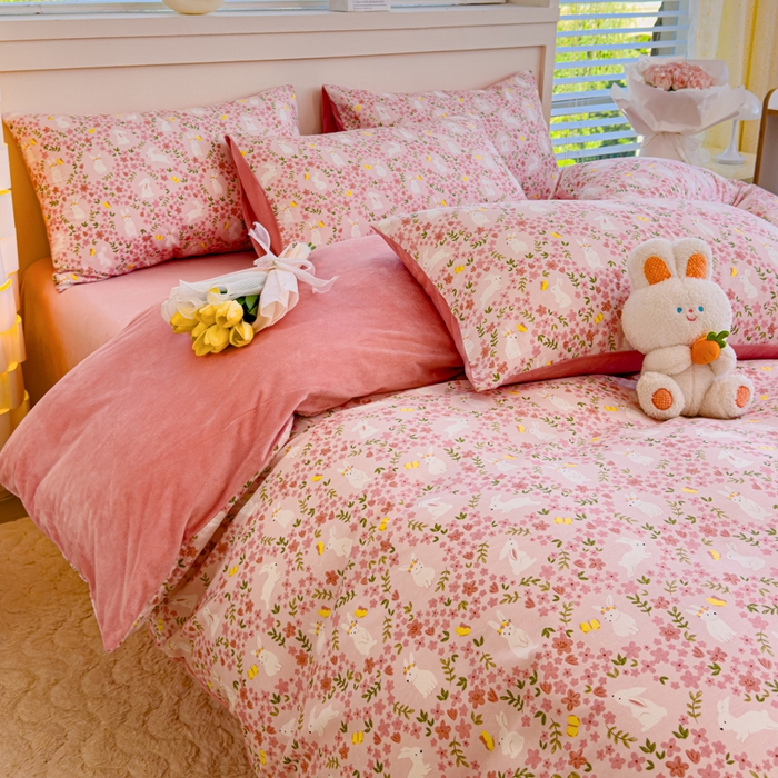 91家纺网 家纺一手货源 找家纺 清雅福 2024新款小清新ins棉加绒印花四件套系列-棉绒风格一 棉绒恋语