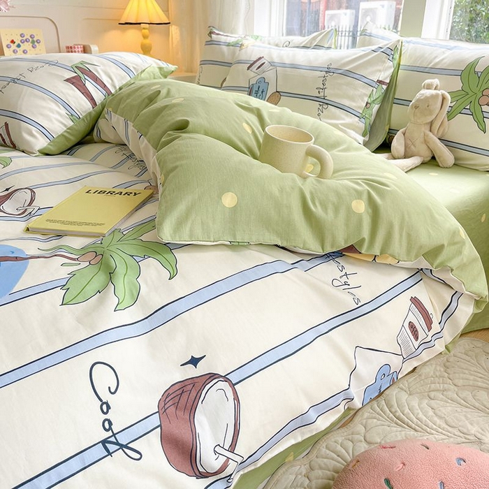 91家纺网 家纺一手货源 找家纺 麦伦家居 2024全棉斜纹13372小清新碎花卡通系列四件套 度假时光