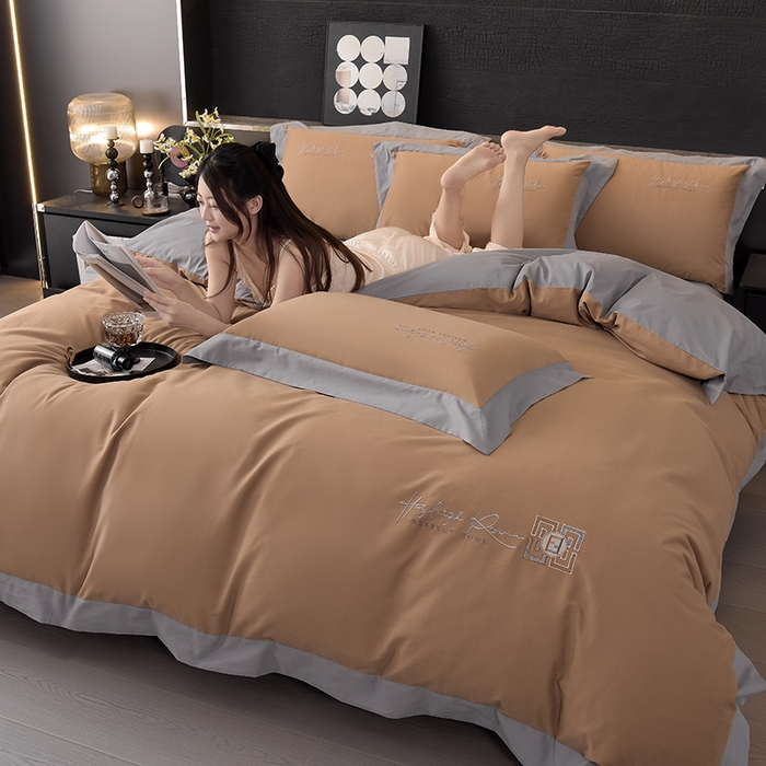 91家纺网 家纺一手货源 找家纺 瑞驰家纺 2024新款长绒棉磨毛四件套-斯特尔 斯特尔-琥珀棕+冰山灰