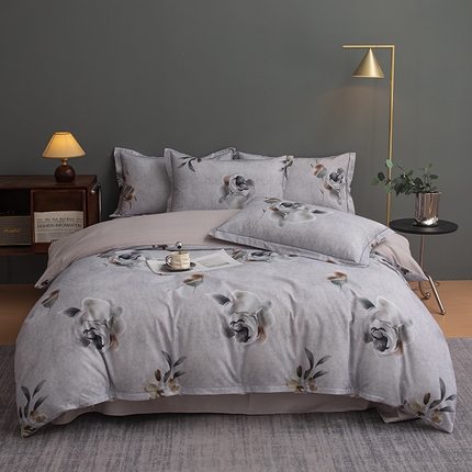 2024新款全棉加厚长绒棉数码印花四件套红秀里-灰