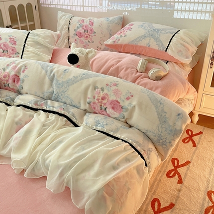 91家纺网 家纺一手货源 找家纺 花漾家居 2024韩版蕾丝织带法式牛奶绒四件套 锦绣