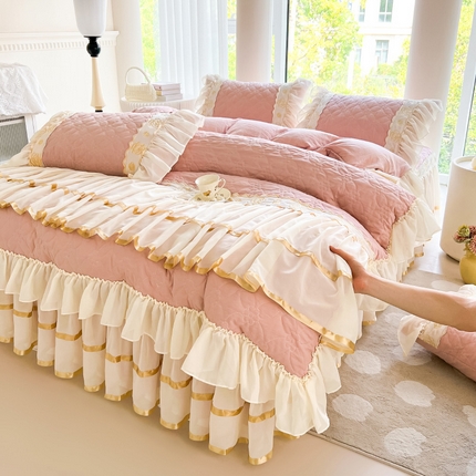 罗艺轩 2024新款公主风水洗棉夹棉床裙款四件套-花蔓花蔓-豆沙