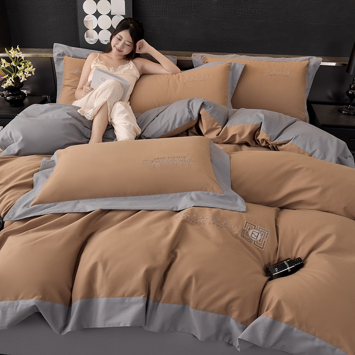 91家纺网 家纺一手货源 找家纺 瑞驰家纺 2024新款长绒棉磨毛四件套-斯特尔 斯特尔-琥珀棕+冰山灰