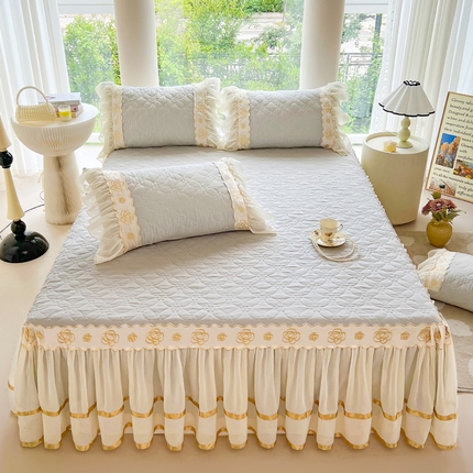 罗艺轩 2024新款公主风水洗棉夹棉床裙-花蔓花蔓-迷雾灰