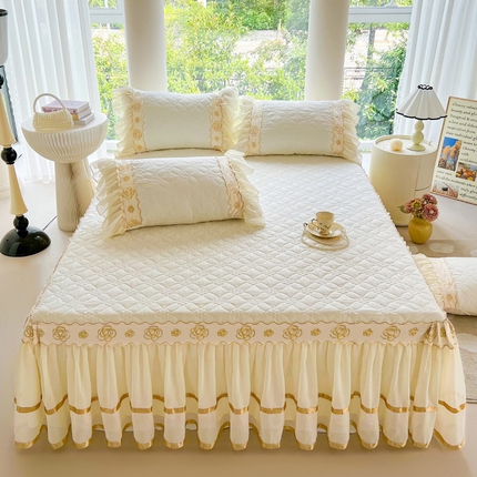 罗艺轩 2024新款公主风水洗棉夹棉床裙-花蔓花蔓-牛乳白