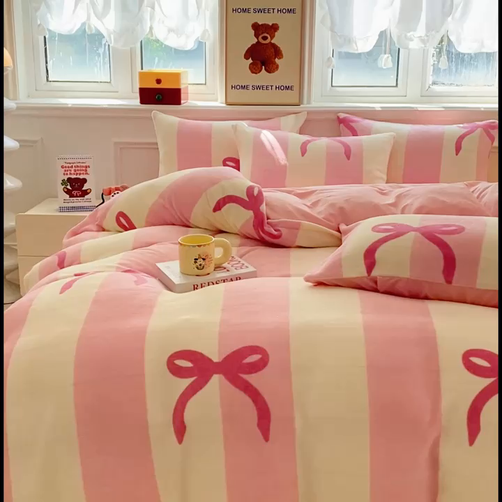 91家纺网 家纺一手货源 找家纺 斯卡诺2025新款直播轻奢爆款小清新牛奶宝宝绒四件套 蝴蝶结粉