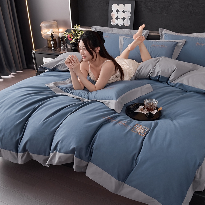 91家纺网 家纺一手货源 找家纺 瑞驰家纺 2024新款长绒棉磨毛四件套-斯特尔 斯特尔-瓦蓝+冰山灰