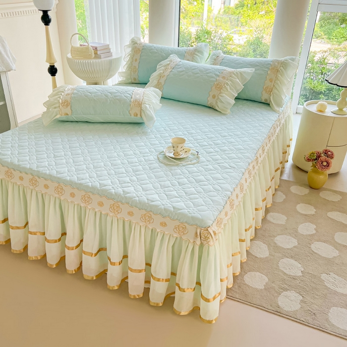 91家纺网 家纺一手货源 找家纺 罗艺轩 2024新款公主风水洗棉夹棉床裙-花蔓花蔓-海盐蓝