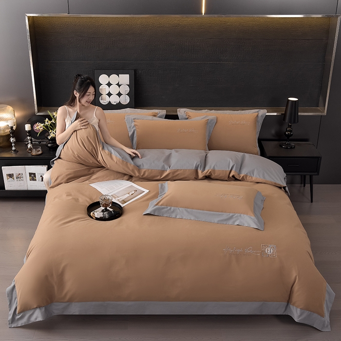 91家纺网 家纺一手货源 找家纺 瑞驰家纺 2024新款长绒棉磨毛四件套-斯特尔 斯特尔-琥珀棕+冰山灰