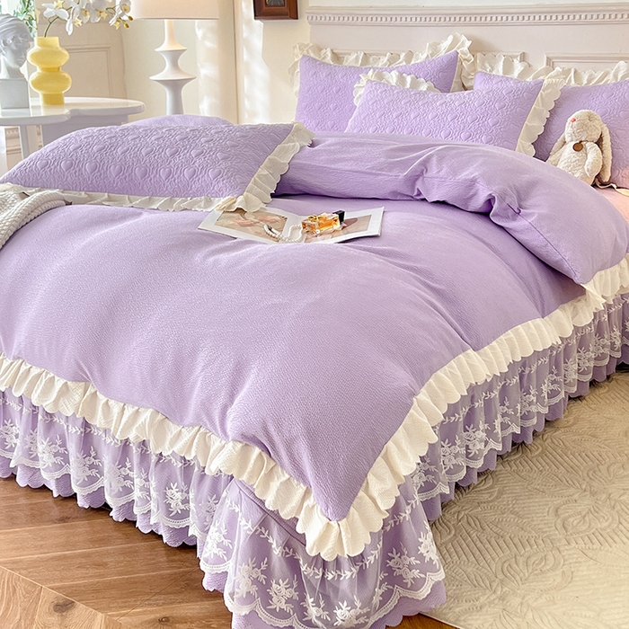 91家纺网 家纺一手货源 找家纺 绒世界 2024新款秋冬泡泡双层纱夹棉床盖四件套 丁香紫