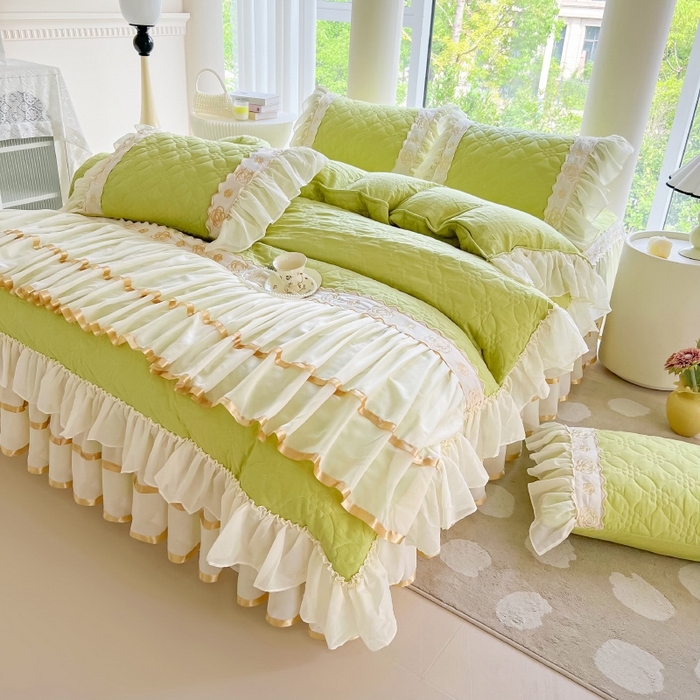 91家纺网 家纺一手货源 找家纺 罗艺轩 2024新款公主风水洗棉夹棉床裙款四件套-花蔓花蔓-元气绿