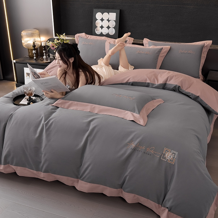 91家纺网 家纺一手货源 找家纺 瑞驰家纺 2024新款长绒棉磨毛四件套-斯特尔 斯特尔-深灰+豆沙