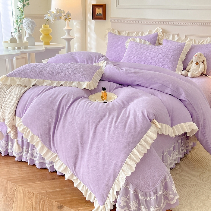91家纺网 家纺一手货源 找家纺 绒世界 2024新款秋冬泡泡双层纱夹棉床盖四件套 丁香紫