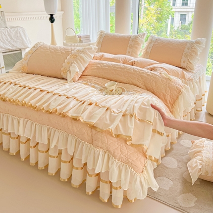 罗艺轩 2024新款公主风水洗棉夹棉床裙款四件套-花蔓花蔓-香槟