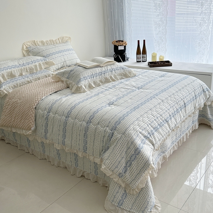 91家纺网 家纺一手货源 找家纺 佰织鑫家居 2024新款全棉法式床盖款四件套蓝颜