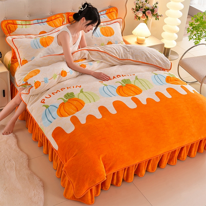 91家纺网 家纺一手货源 找家纺 梦莱情纺2024新款8.5斤牛奶绒四件套日产12000套 南瓜