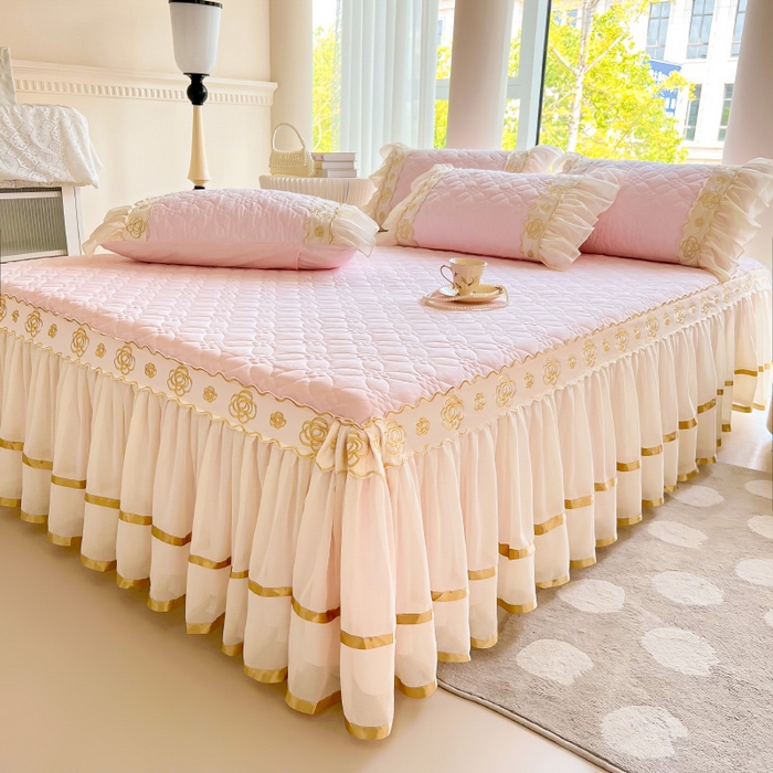 91家纺网 家纺一手货源 找家纺 罗艺轩 2024新款公主风水洗棉夹棉床裙-花蔓花蔓-少女粉