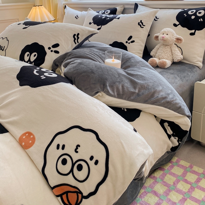 91家纺网 家纺一手货源 找家纺 斯卡诺2025新款直播轻奢爆款小清新牛奶宝宝绒四件套 黑豆精灵