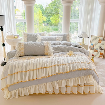 91家纺网 家纺一手货源 找家纺 （总）罗艺轩 2024新款公主风水洗棉夹棉床裙款四件套-花蔓