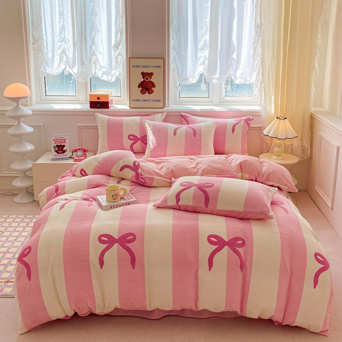 91家纺网 家纺一手货源 找家纺 斯卡诺2025新款直播轻奢爆款小清新牛奶宝宝绒四件套 蝴蝶结粉