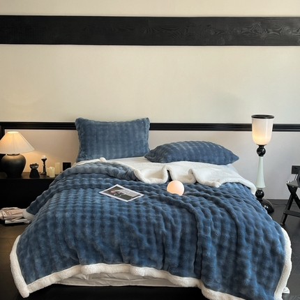 91家纺网 家纺一手货源 找家纺 欧邦 新款仿兔毛泡泡绒羊羔绒毛毯 泡泡双层-宝蓝