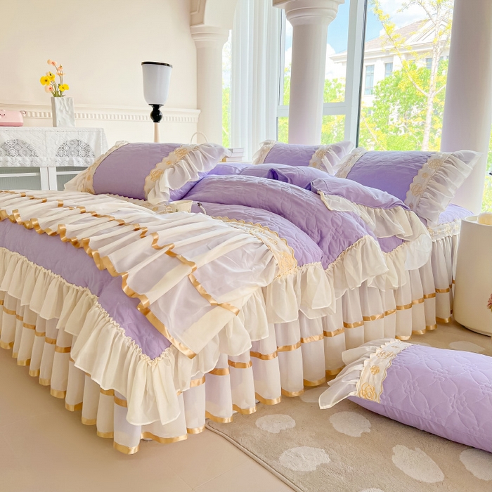 91家纺网 家纺一手货源 找家纺 罗艺轩 2024新款公主风水洗棉夹棉床裙款四件套-花蔓花蔓-茉莉紫