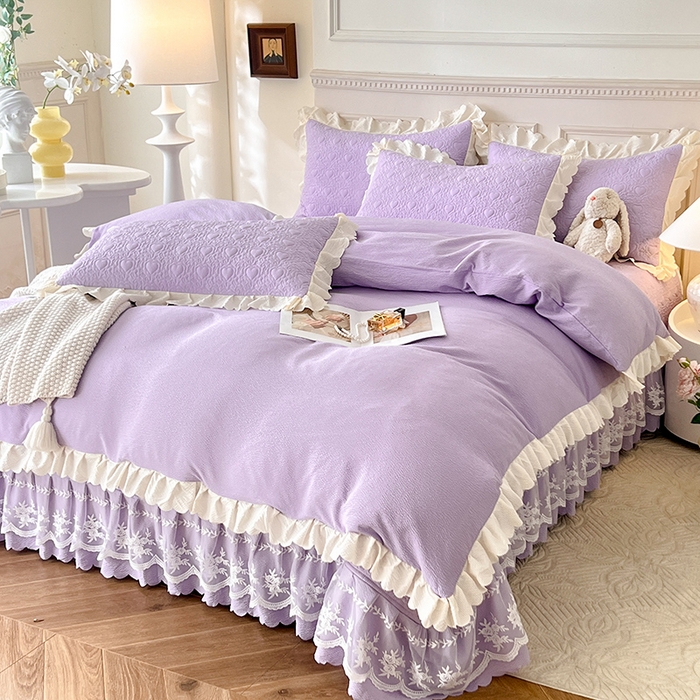 91家纺网 家纺一手货源 找家纺 绒世界 2024新款秋冬泡泡双层纱夹棉床盖四件套 丁香紫