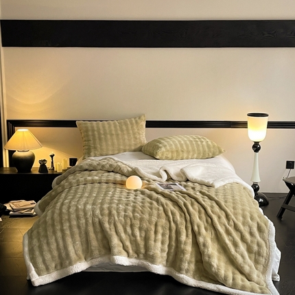 91家纺网 家纺一手货源 找家纺 欧邦 新款仿兔毛泡泡绒羊羔绒毛毯 泡泡双层-芥黄