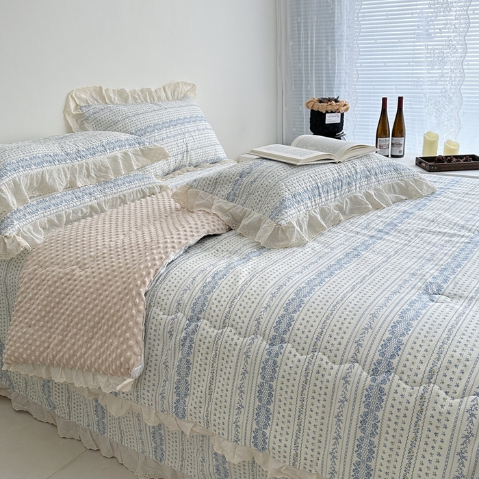 91家纺网 家纺一手货源 找家纺 佰织鑫家居 2024新款全棉法式床盖款四件套蓝颜