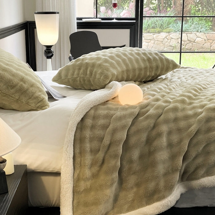 91家纺网 家纺一手货源 找家纺 欧邦 新款仿兔毛泡泡绒羊羔绒毛毯 泡泡双层-芥黄