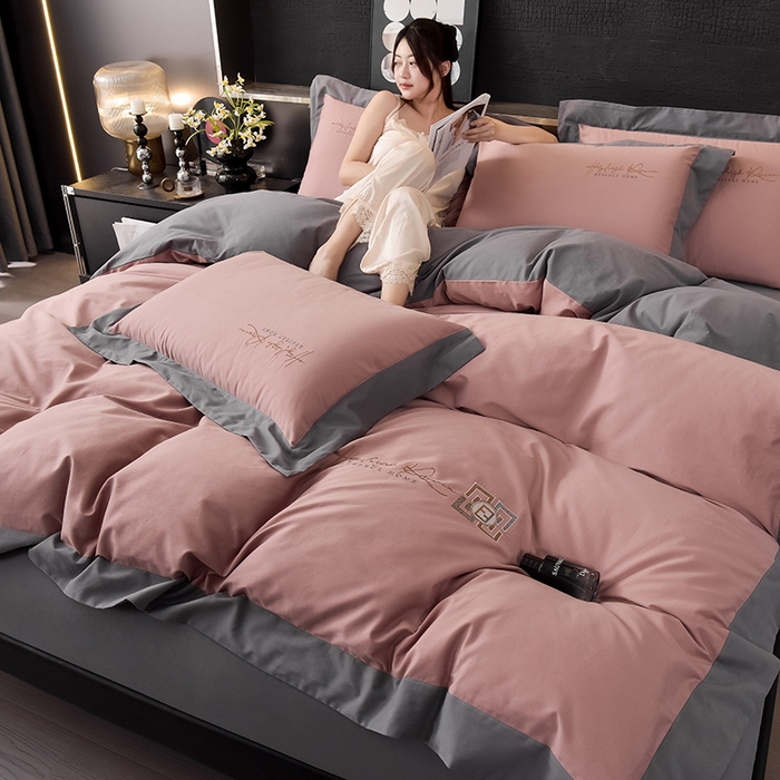 91家纺网 家纺一手货源 找家纺 瑞驰家纺 2024新款长绒棉磨毛四件套-斯特尔 斯特尔-玫瑰粉+深灰