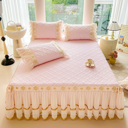 罗艺轩 2024新款公主风水洗棉夹棉床裙-花蔓花蔓-少女粉