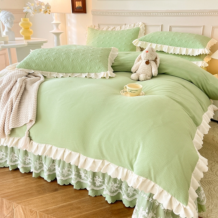 91家纺网 家纺一手货源 找家纺 绒世界 2024新款秋冬泡泡双层纱夹棉床盖四件套 清新绿