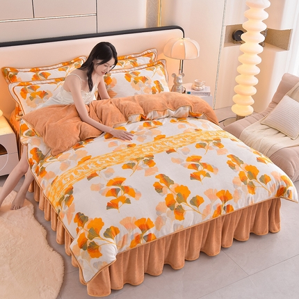 91家纺网 家纺一手货源 找家纺 富之航 2024新款8-9斤高克重印花牛奶绒四件套保暖绒套件直播爆款叶落知秋