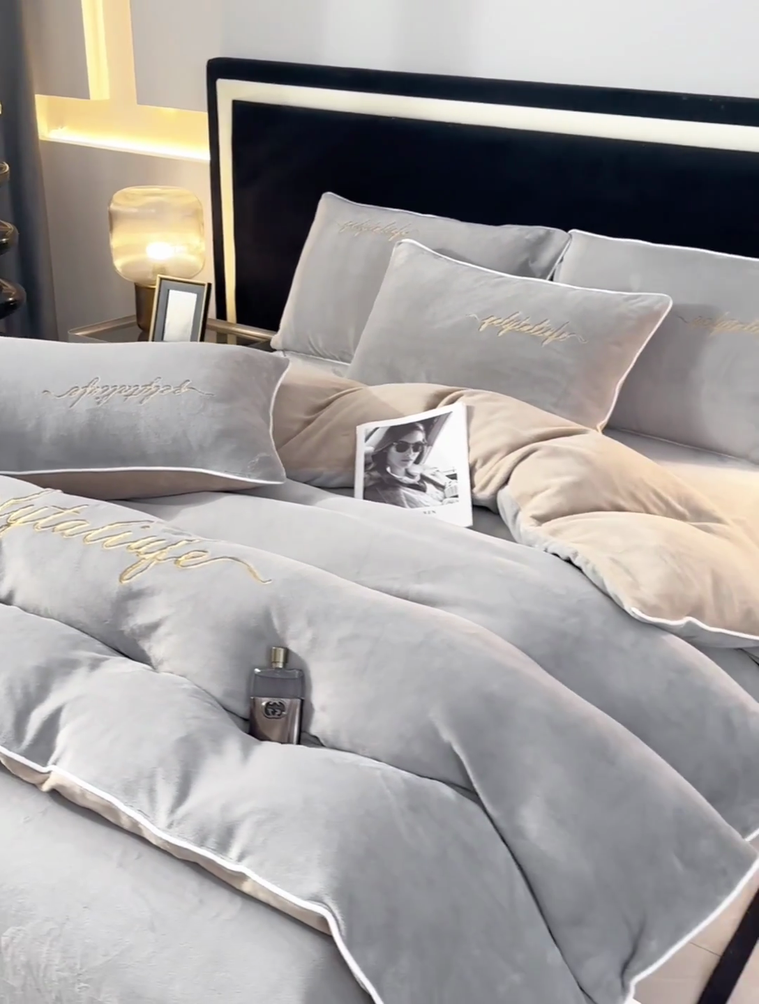 91家纺网 家纺一手货源 找家纺 氧家 2024新款宽边撞色对角牛奶绒绣花四件套--典雅 典雅-高级灰