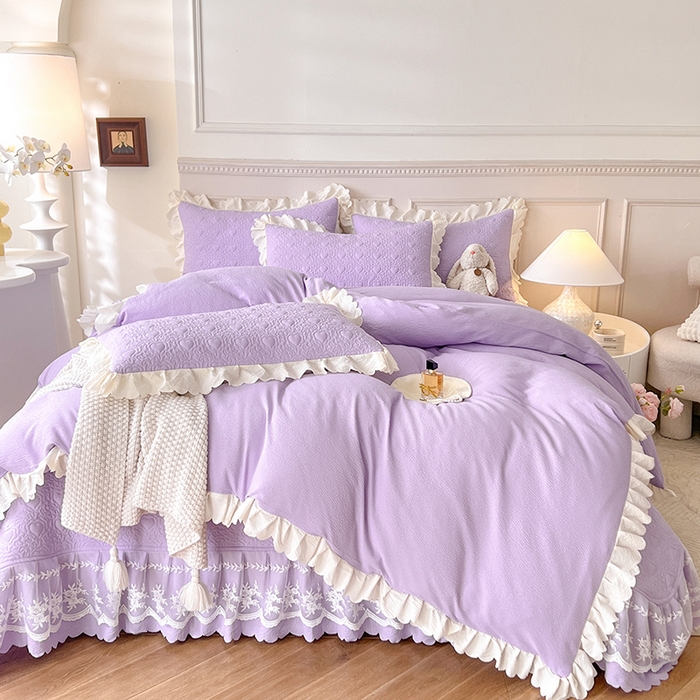 91家纺网 家纺一手货源 找家纺 绒世界 2024新款秋冬泡泡双层纱夹棉床盖四件套 丁香紫