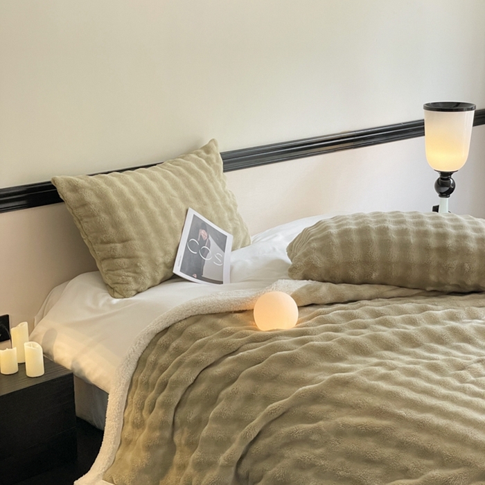 91家纺网 家纺一手货源 找家纺 欧邦 新款仿兔毛泡泡绒羊羔绒毛毯 泡泡双层-芥黄