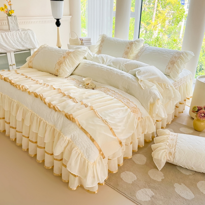 91家纺网 家纺一手货源 找家纺 （总）罗艺轩 2024新款公主风水洗棉夹棉床裙款四件套-花蔓