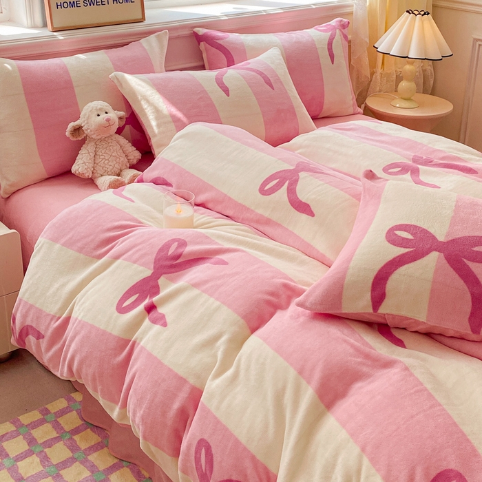 91家纺网 家纺一手货源 找家纺 斯卡诺2025新款直播轻奢爆款小清新牛奶宝宝绒四件套 蝴蝶结粉