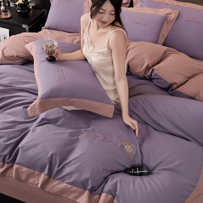 91家纺网 家纺一手货源 找家纺 瑞驰家纺 2024新款长绒棉磨毛四件套-斯特尔 斯特尔-幸福紫+豆沙红