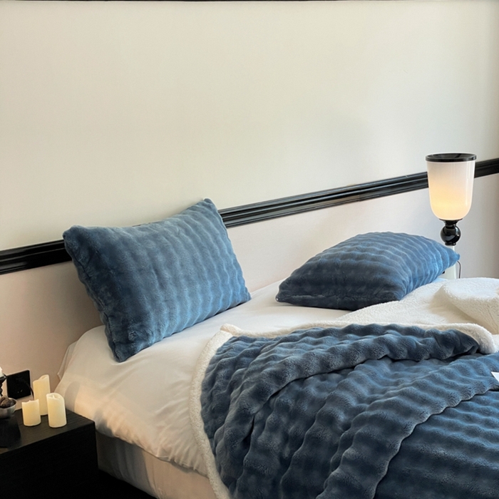 91家纺网 家纺一手货源 找家纺 欧邦 新款仿兔毛泡泡绒羊羔绒毛毯 泡泡双层-宝蓝