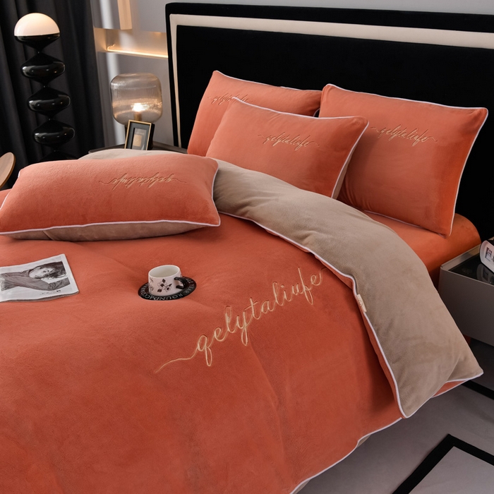 91家纺网 家纺一手货源 找家纺 氧家 2024新款宽边撞色对角牛奶绒绣花四件套--典雅 典雅-橙橘色