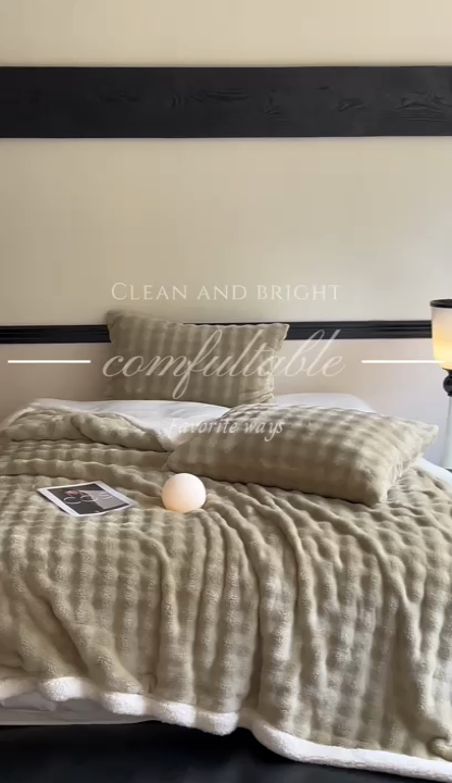 91家纺网 家纺一手货源 找家纺 欧邦 新款仿兔毛泡泡绒羊羔绒毛毯 泡泡双层-芥黄